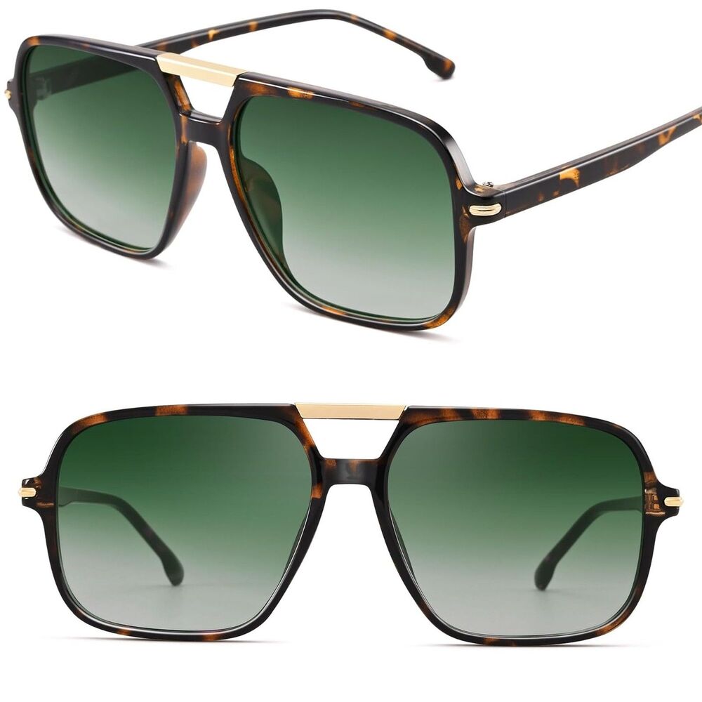 Unisex Tortoise Green Gradient Square Pilot Double Bridge Retro 70s Sunglasses